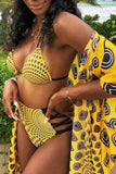 secy hollowed out yellow two piece swimwearwith cover up