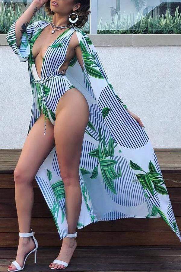 white striped printed one piece swimwearwith cover up