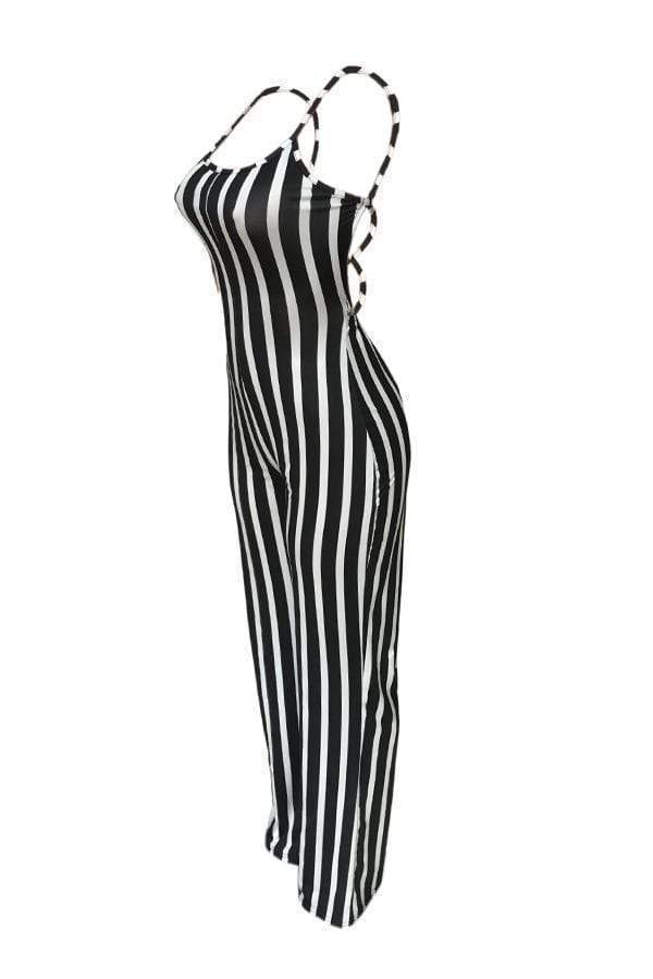 sexy striped lace up hollow out one piece jumpsuitwith elastic
