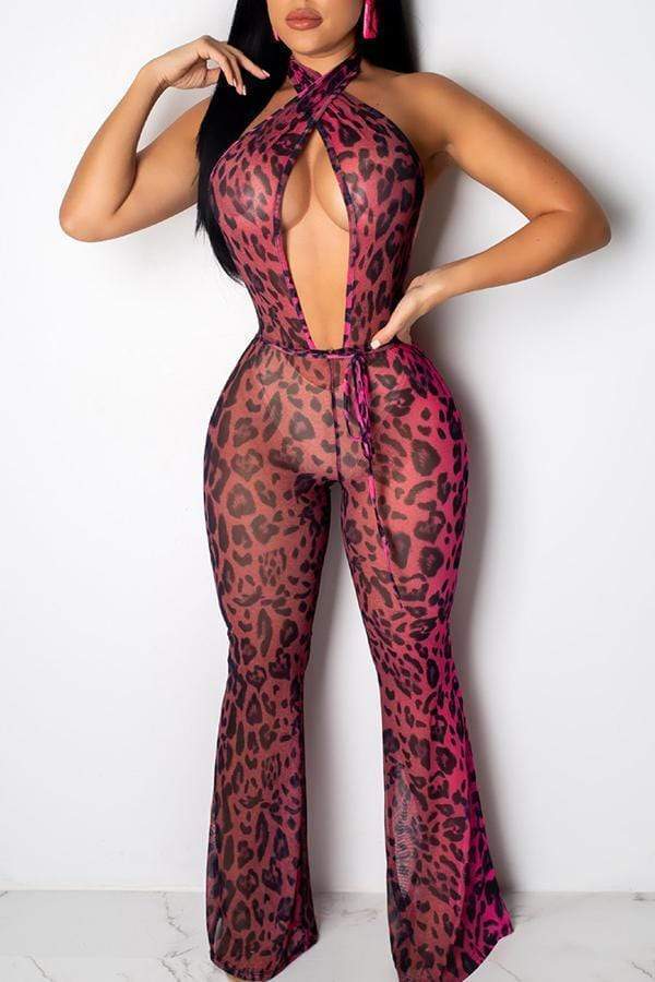 sexy leopard printed hollow out one piece jumpsuitwith elastic