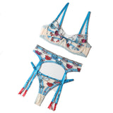cartoon embroidery split garter belt three piece lingerie