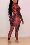 fashion striped printing zipper jumpsuit