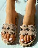 Open Toe Braided Rhinestone Flat Sandals