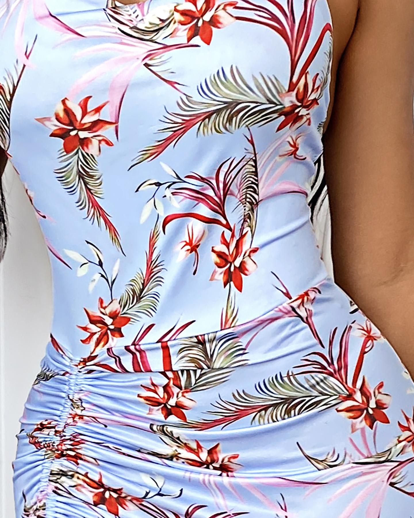 Tropical Print Ruched Drawstring Slit Dress