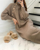 High Neck Buttoned Lantern Sleeve Sweater Dress With Belt