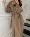 High Neck Buttoned Lantern Sleeve Sweater Dress With Belt