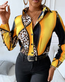 Cheetah Print Colorblock Buttoned Long Sleeve Shirt