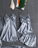 5PCS Contrast Lace Cami Set With Nightdress & Belted Robe