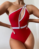 Contrast Binding One Shoulder Cutout One Piece Swimsuit