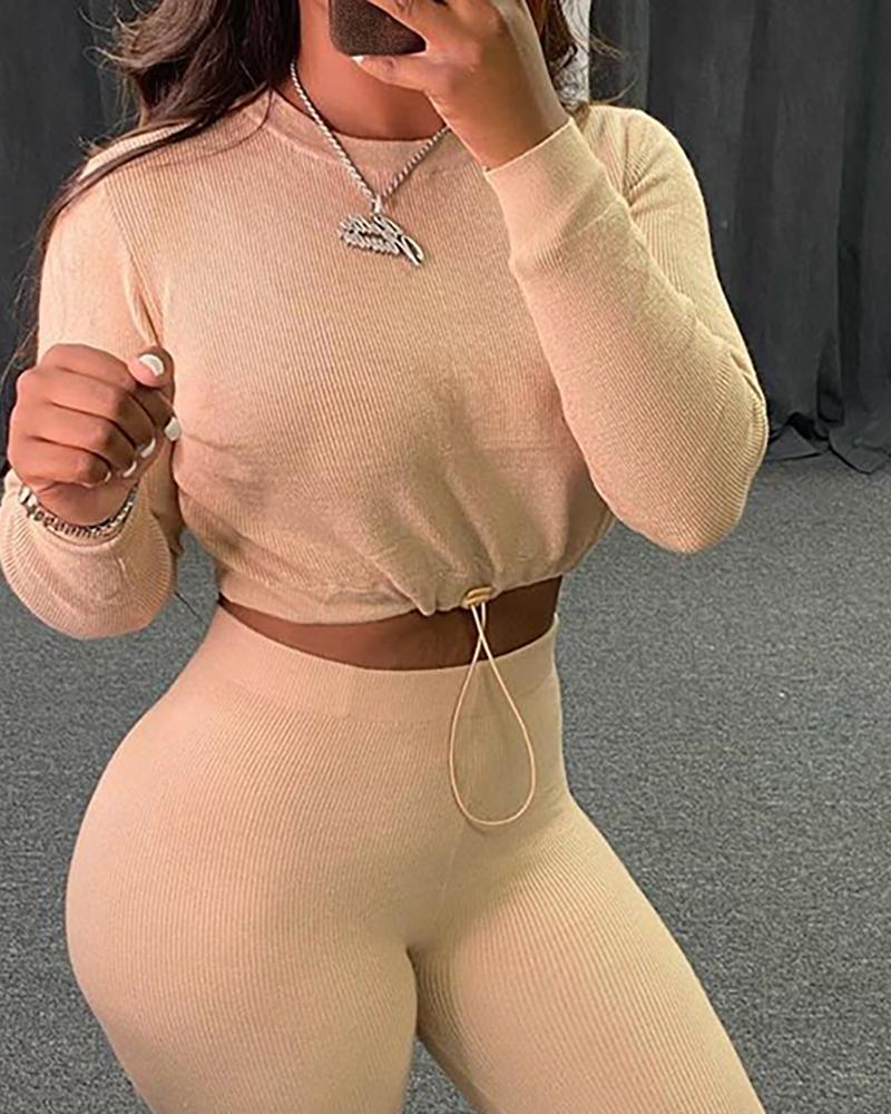 Solid Drawstring Long Sleeve Crop Top & Fitted Pants Set