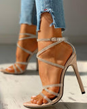 Rhinestone Multi Strap Lace Up Thin Heeled Sandals