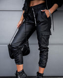 PU Leather Flap Pocket Drawstring Cargo Pants