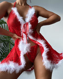 Christmas Crochet Lace Pom Pom Tied Detail Feather Detail Babydoll