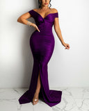 Satin Off Shoulder Ruched Split Mermaid Dress