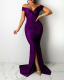 Satin Off Shoulder Ruched Split Mermaid Dress