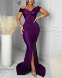 Satin Off Shoulder Ruched Split Mermaid Dress