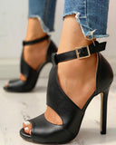 Solid Peep Toe Ankle buckled PU Thin Heeled Sandals