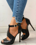 Solid Peep Toe Ankle buckled PU Thin Heeled Sandals