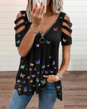 Butterfly Print Cold Shoulder Cutout Sleeve Zip Front Top