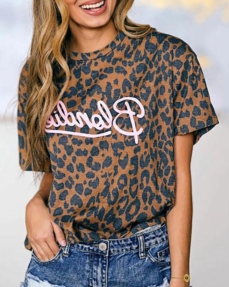 Letter Leopard Print Short Sleeve T shirt