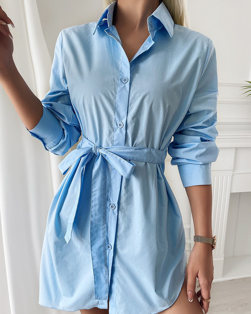 Long Sleeve Button Design Asymmetrical Shirt Dress