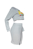 euramerican long sleeves letters printed grey two piece skirt set