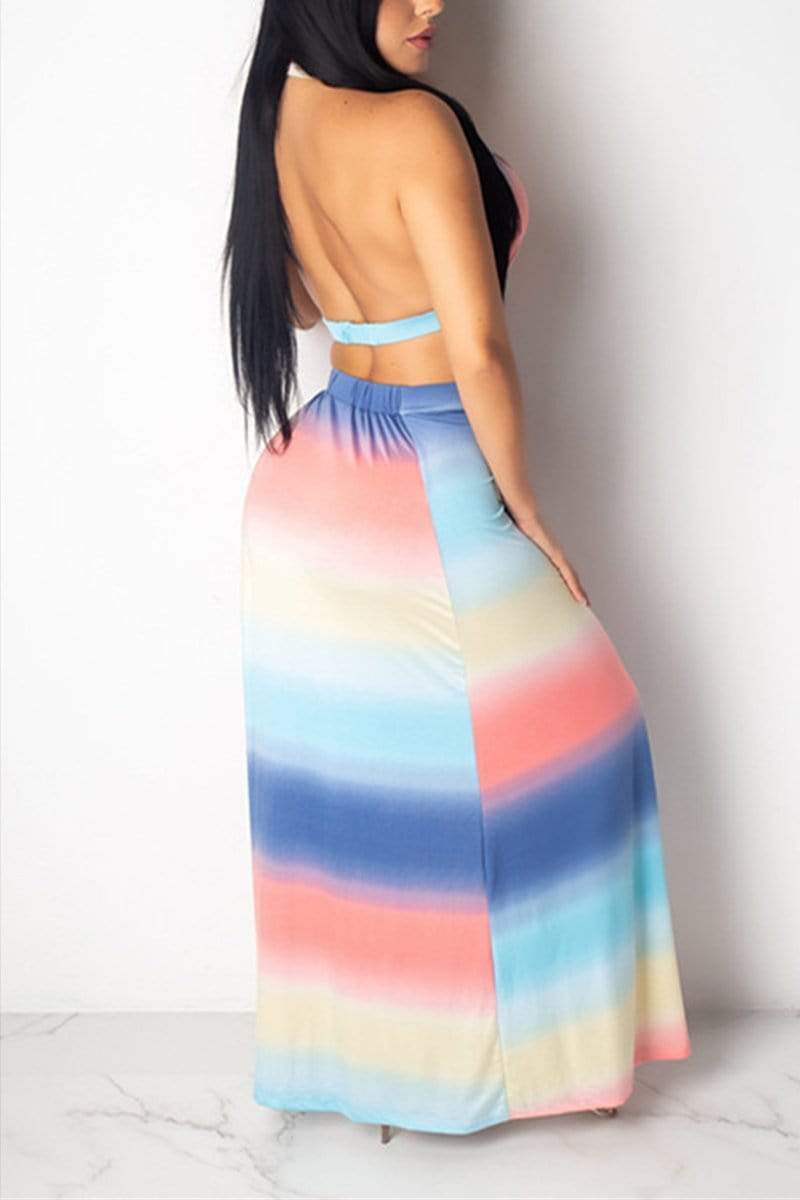 sexy striped printing sleeveless skirt set
