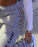 Letter Print Eyelet Lace up Drawstring Fold Sweatpants