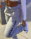 Letter Print Eyelet Lace up Drawstring Fold Sweatpants