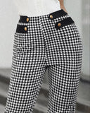 Houndstooth Print Buttoned High Waist Wide Leg Tailored Pants