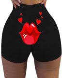 Lip Heart Print High Waist Butt Lifting Yoga Shorts