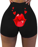 Lip Heart Print High Waist Butt Lifting Yoga Shorts