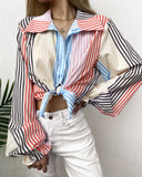 Striped Colorblock Lantern Sleeve Buttoned Top