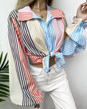 Striped Colorblock Lantern Sleeve Buttoned Top
