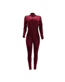 Long Sleeve Zip Front Velvet Skinny Jumpsuit