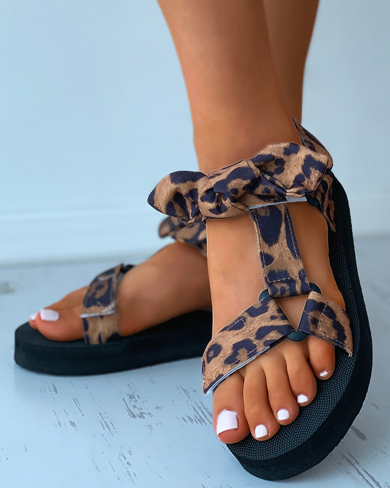 Colorblock / Cheetah / Polkadot Print Velcro Knotted Flat Sandals