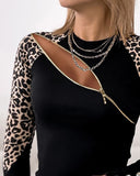 Cheetah Print Button Zipper Decor Long Sleeve Top