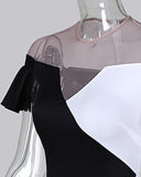 V Cut Color Block Button Detail Wrap Dress