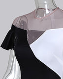 V Cut Color Block Button Detail Wrap Dress