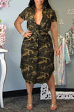 Casual Camouflage Print Bandage Patchwork Buckle Turndown Collar Shirt Dress Dresses