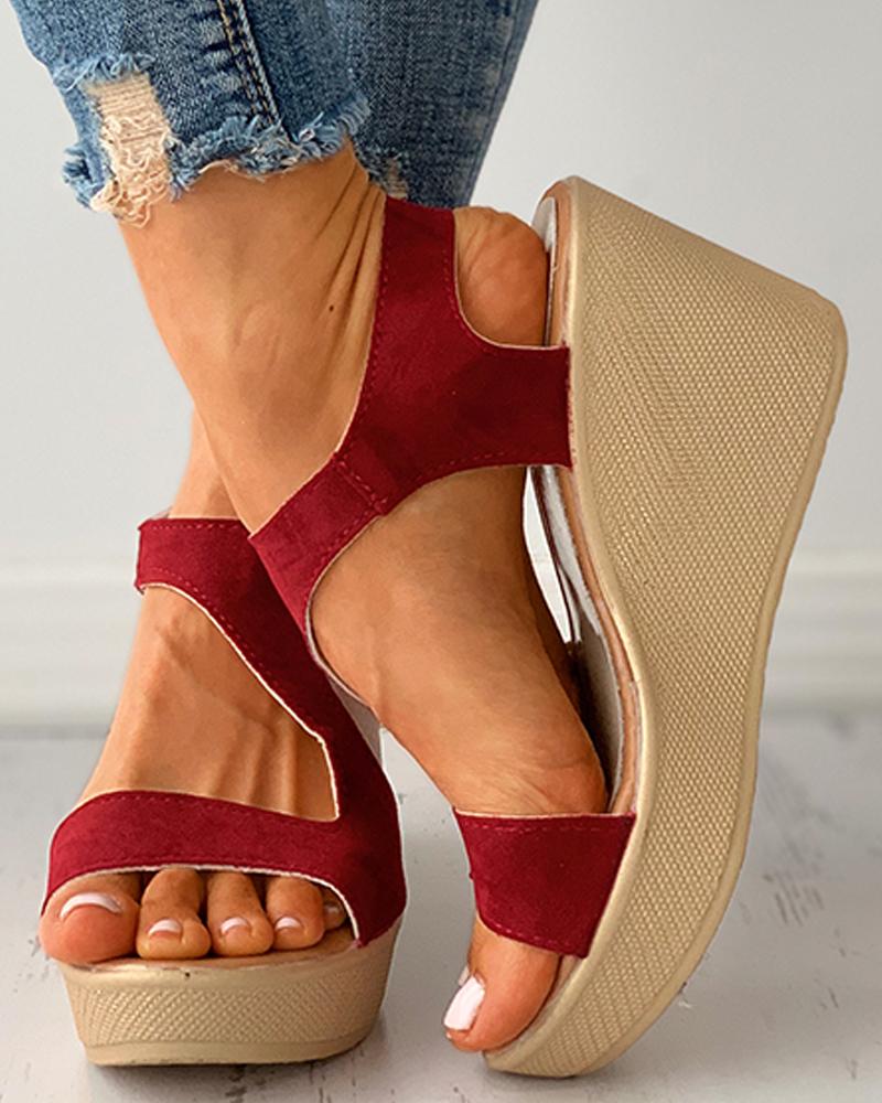 Suede Cutout Peep Toe Buckled Wedge Sandals