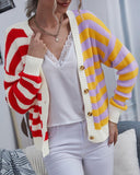 Striped Print Colorblock Button Front Cardigan