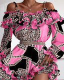 Leopard Print Cold Shoulder Ruffles Dress