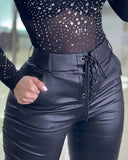 Eyelet Lace Up Pocket Design PU Leather Pants