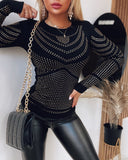 Rhinestone Decor Long Sleeve Top