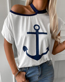 Cold Shoulder Boat Anchor Print Casual T shirt