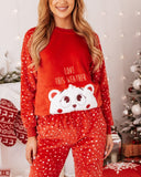 Christmas Embroidery Letter Bear Pattern Flannel Pajama Set