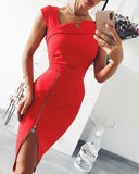 Asymmetrical Neck Zipper Design Midi Dress