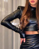 PU Leather Crop Top & Ruched Skirt Set