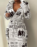 Newspaper Print Drawstring Waist Hooded Sweatshirt Dress